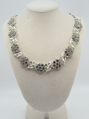 Vintage Mid-Century Smokey Rhinestone Floral Necklace - 16"